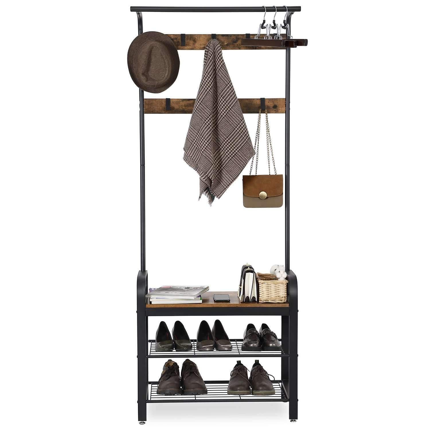 Nancy's Westburry Staand Garderoberek - Kapstok - Schoenenrek en Zitbank - Vintage Bruin / Zwart - ± 70 x 35 x 185 cm