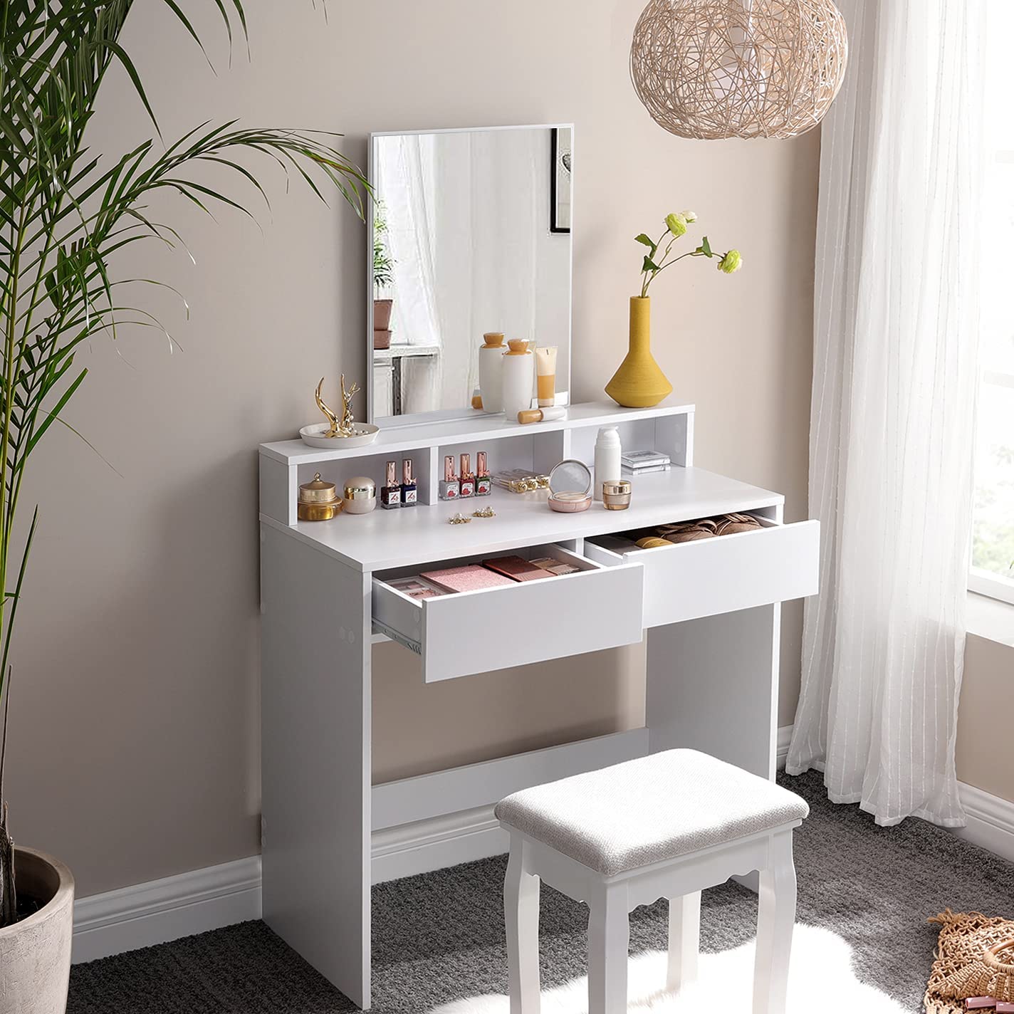 Nancy's Caccile Kaptafel - Comestica Tafel - Make-Up Tafel - Met Spiegel - Wit - 80 x 40 x 140 cm