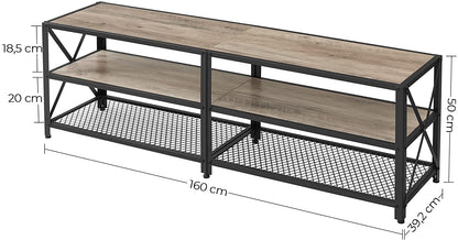 Nancy's Hawkshaw TV Meubel - TV Kast - Lowboard - Opbergruimte - Open Vakken - Tot 60/70 Inch - Staal - Bewerkt Hout - Natuurlijk - Grijs - 140/60 x 39,2 x 50 cm