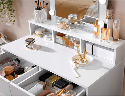 Coiffeuse Nancy's Goldstone - Table de maquillage - Miroir - Éclairage - 2 tiroirs - Compartiments ouverts - Blanc - Bois d'ingénierie - 80 x 40 x 145 cm