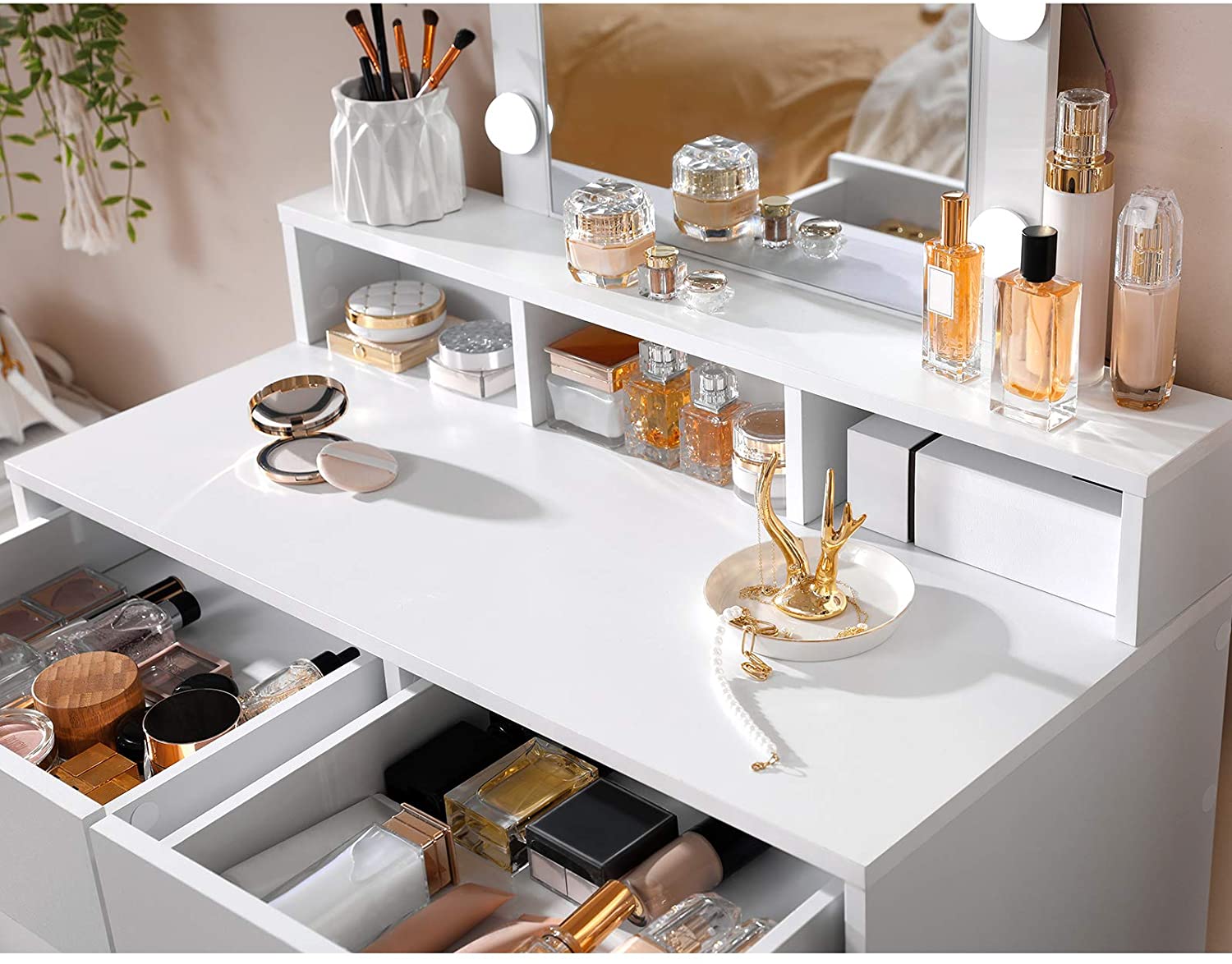 Nancy's Goldstone Kaptafel - Cosmeticatafel - Make-up Tafel - Spiegel - Verlichting - Wit - 80 x 40 x 145 cm