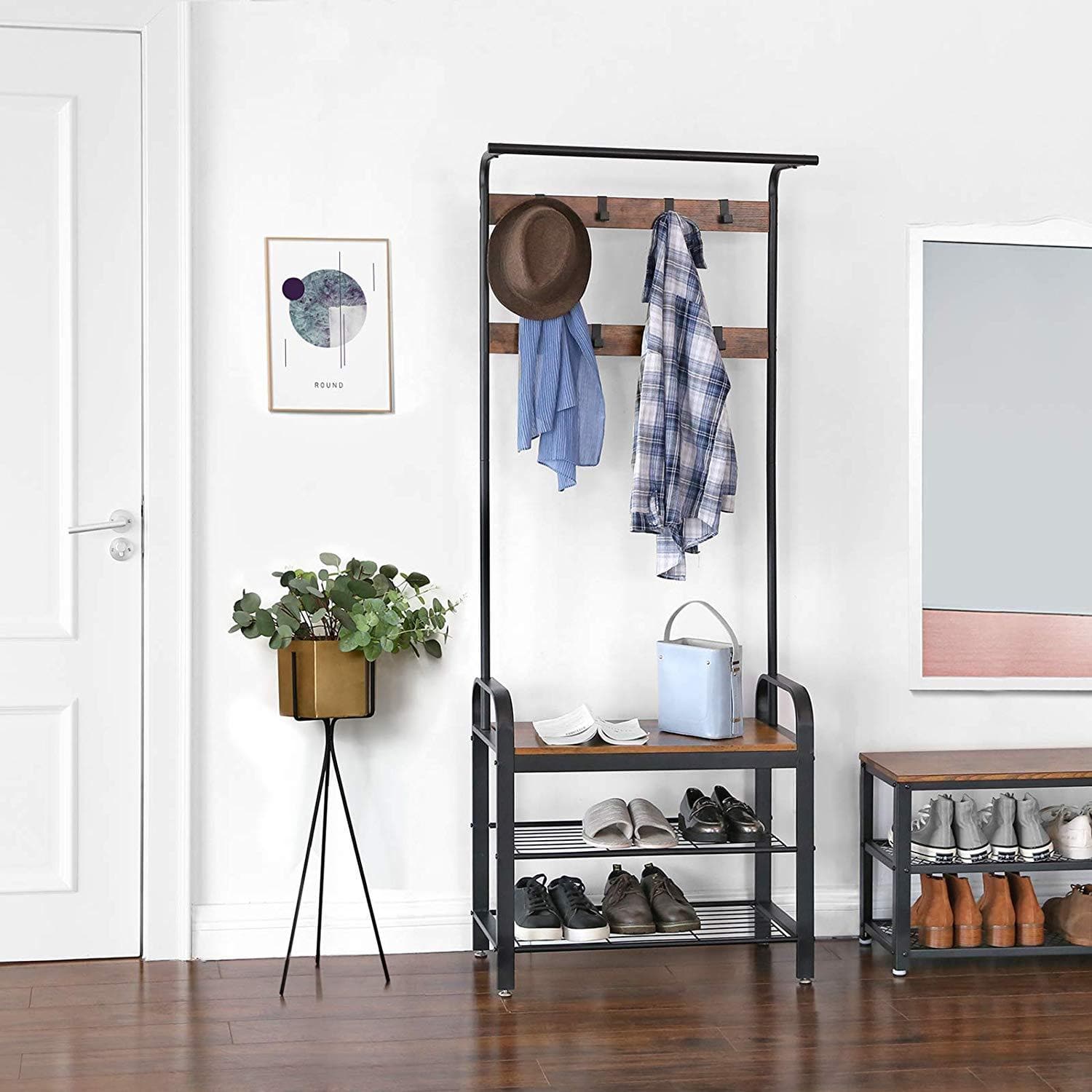 Nancy's Westburry Staand Garderoberek - Kapstok - Schoenenrek en Zitbank - Vintage Bruin / Zwart - ± 70 x 35 x 185 cm