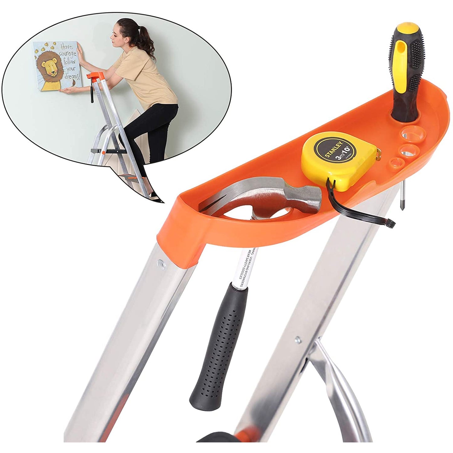 Nancy's Caintown Ladder - 4 Treden - Aluminium - Trapladder - Gereedschapsbakje - Anti-Slip - Zwart - Oranje - 44 x 11,5 x 156 cm