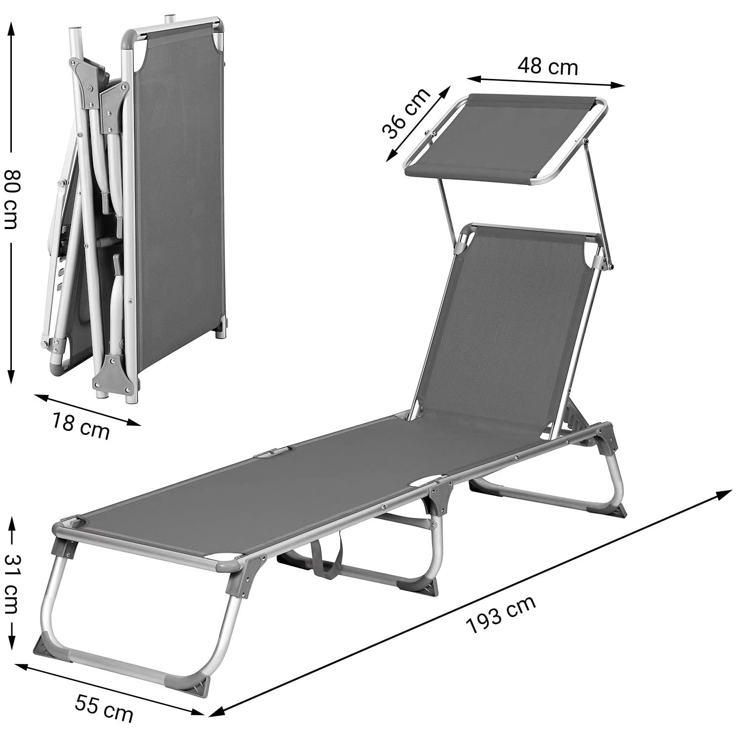 Nancy's Goulds Ligstoel - Zonnedak. - Strandbed - Rugleuning Verstelbaar - Antraciet - 55 x 193 x 31 cm