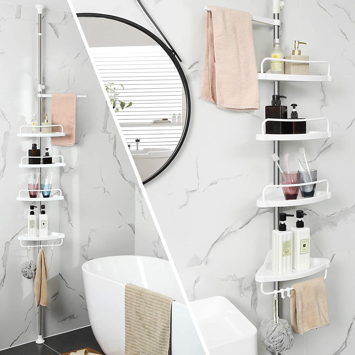 Nancy's Eden Shower Rack - Shower Shelf - Bathroom Shelf - Height Adjustable - Corner - 95-300 cm - Stainless Steel - 4 Levels - 3 Hooks - White-Silver