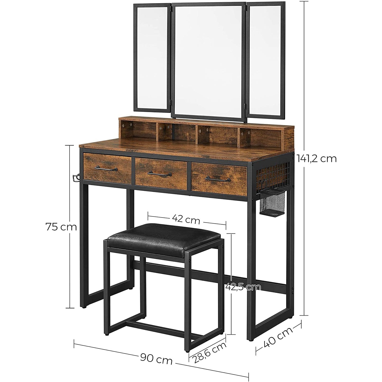 Nancy's Kelly Make-up Tafel - Kaptafel - Spiegel - Inclusief Kruk - Vintage Bruin / Zwart - ± 90 x 40 x 140 cm