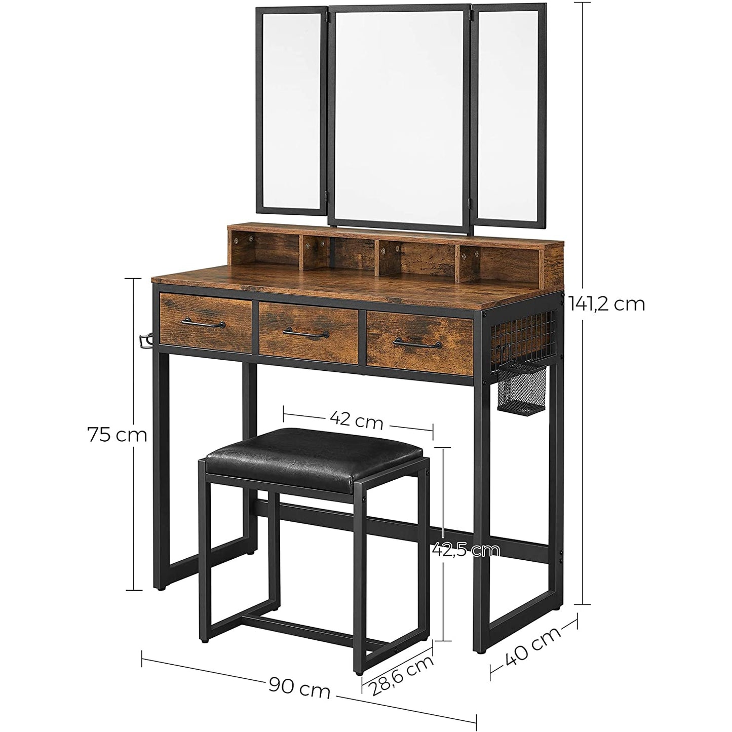 Coiffeuse Kelly de Nancy - Ensemble - Table de maquillage - 3 pièces - Miroir pliant - Support pour sèche-cheveux - Table cosmétique - Tabouret rembourré - 3 tiroirs - Industriel - Marron - Noir