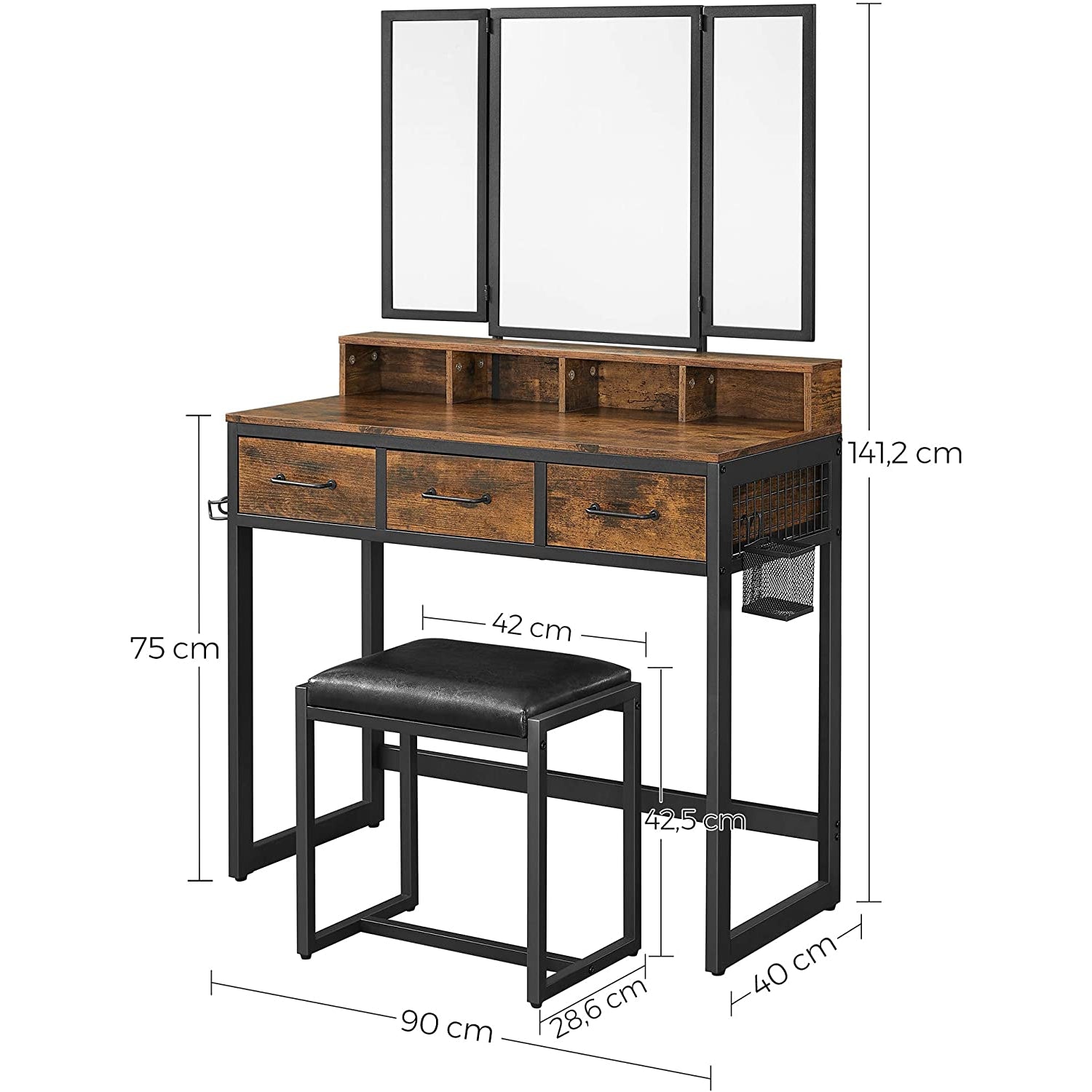 Nancy's Kelly Make-up Tafel - Kaptafel - Spiegel - Inclusief Kruk - Vintage Bruin / Zwart - ± 90 x 40 x 140 cm