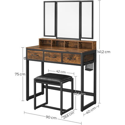 Coiffeuse Kelly de Nancy - Ensemble - Table de maquillage - 3 pièces - Miroir pliant - Support pour sèche-cheveux - Table cosmétique - Tabouret rembourré - 3 tiroirs - Industriel - Marron - Noir