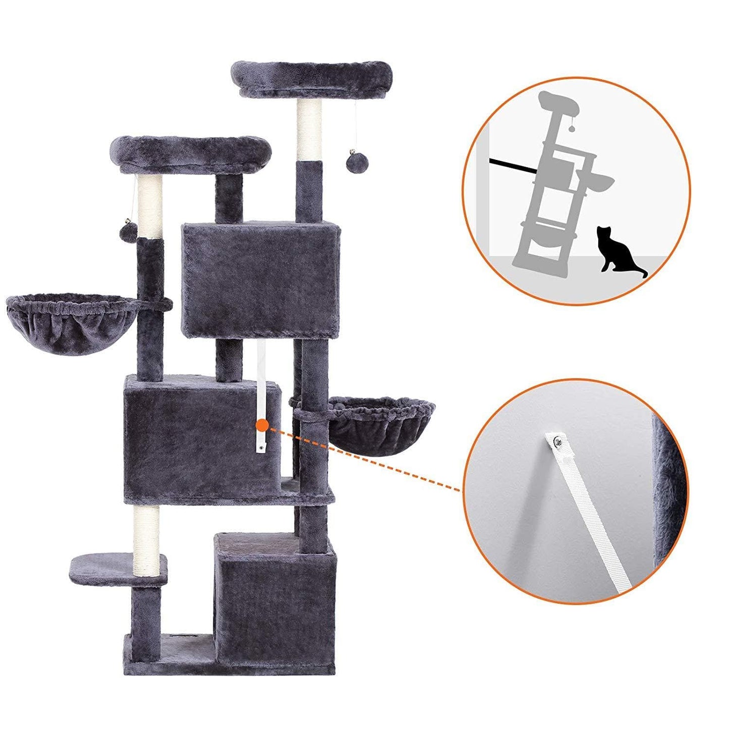 Nancy's XXL Kattenboom - Kat toren met 3 grotten - Krabpaal - Krabpalen voor katten -Donkergrijs - 55 x 40 x 164 cm