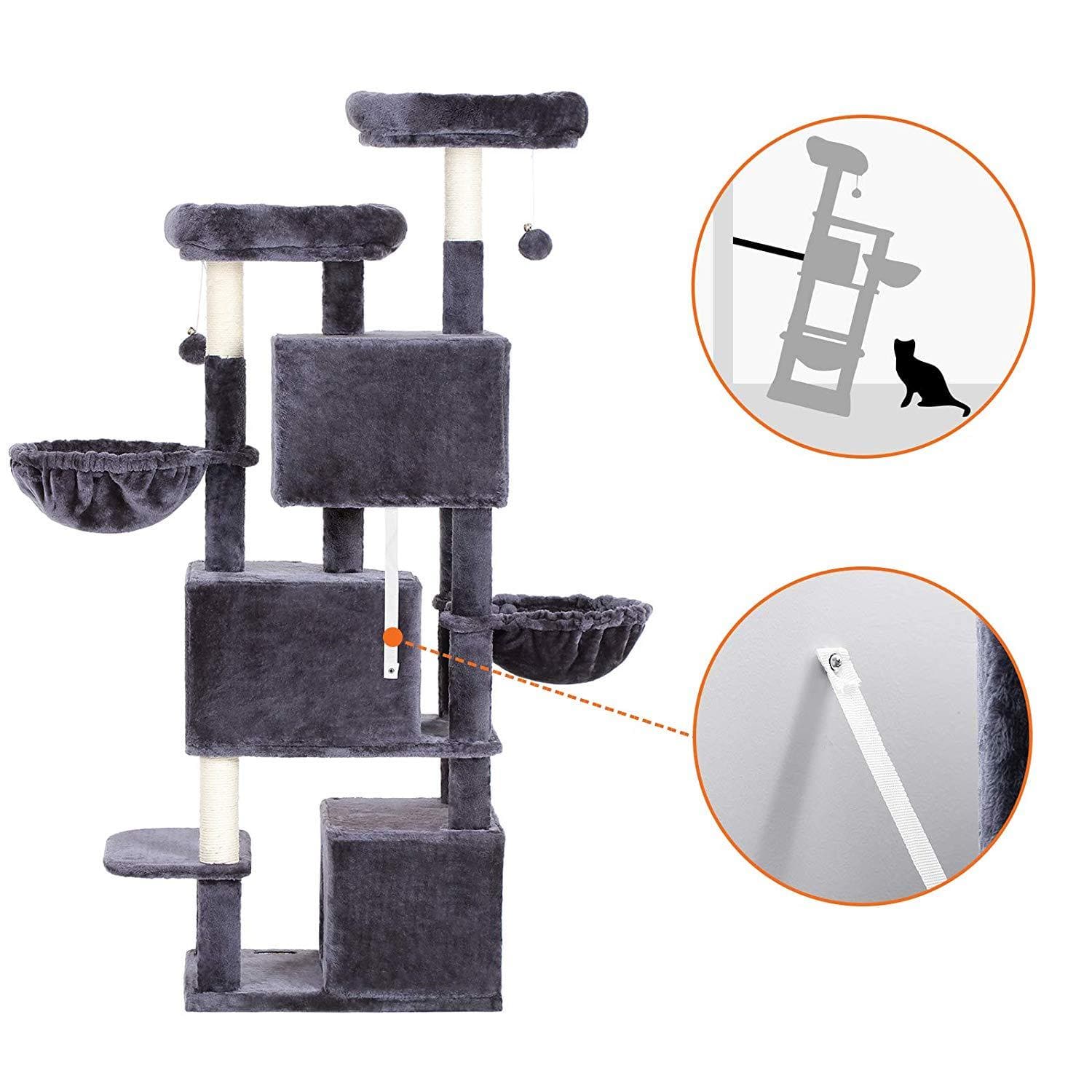 Nancy's XXL Kattenboom - Kat toren met 3 grotten - Krabpaal - Krabpalen voor katten -Donkergrijs - 55 x 40 x 164 cm