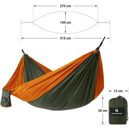 Nancy's Fortescue Hangmat - Twee Personen - Nylon - Legergroen - Oranje - Zak - Lichtgewicht - 275 x 140 cm