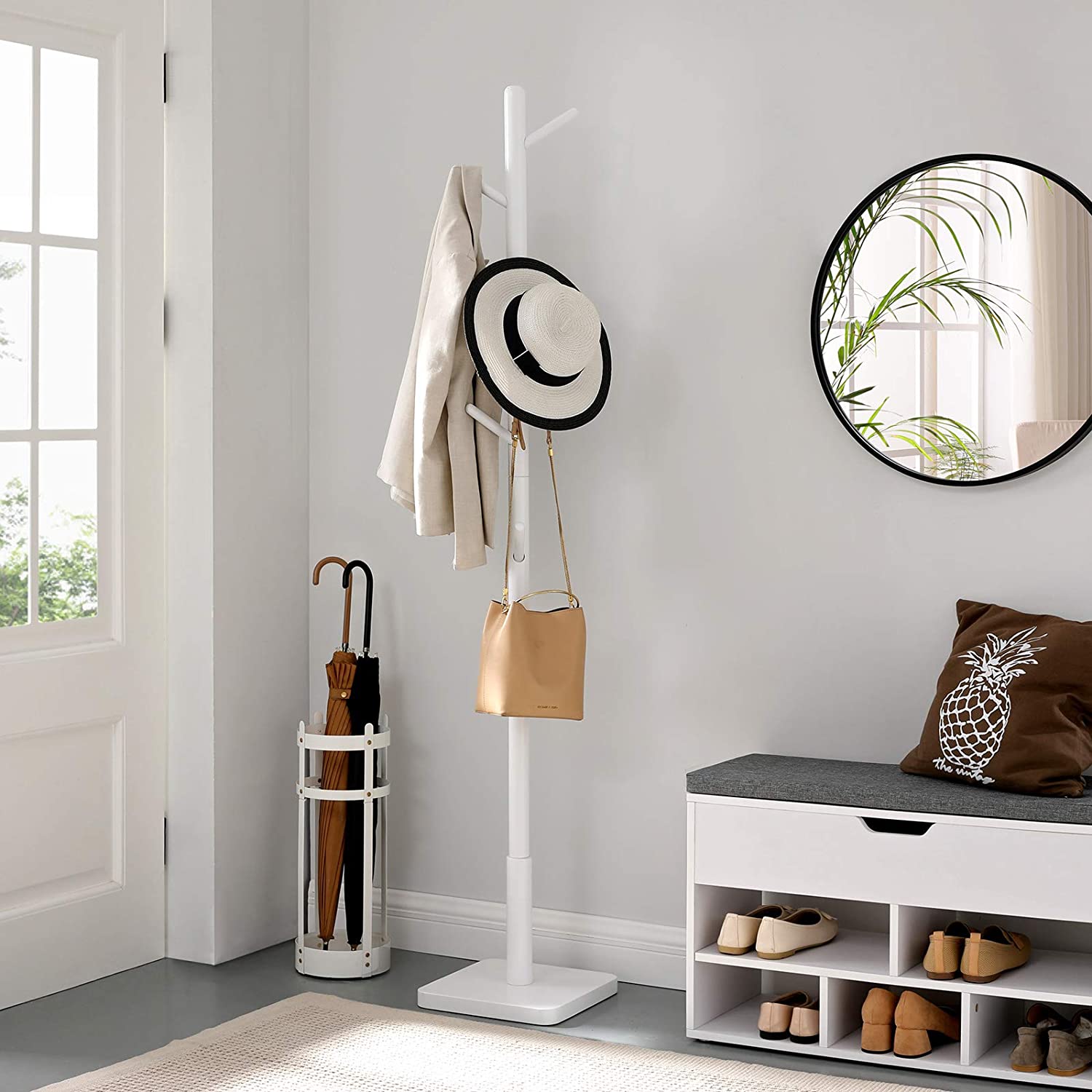 Nancy's Caxton Staande Kapstok - Kledingrek - Garderobe - 8 Haken - Wit - Rubberhout