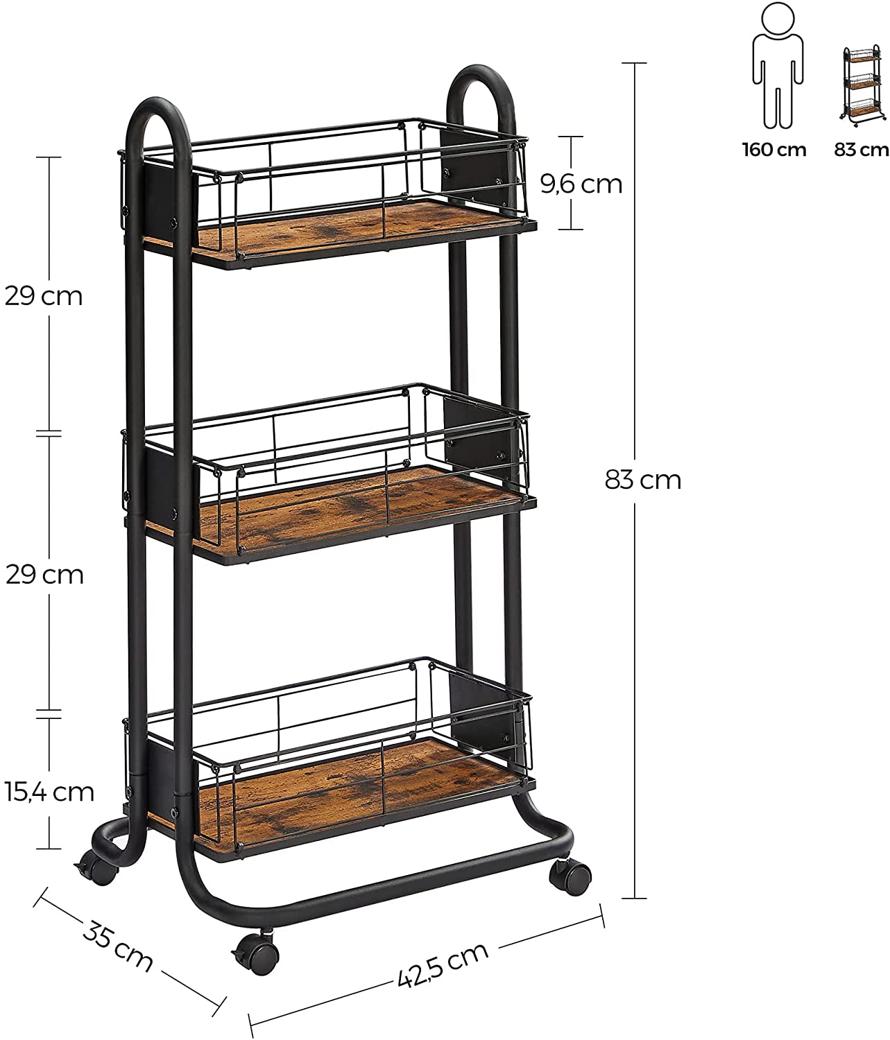 Nancy's Charters Keukentrolley - Keukenwagen - Op Wieltjes - 3 Niveaus - 360° Draaibaar - Bruin - Zwart - Bewerkt Hout - Metaal - 42,5 x 35 x 83 cm