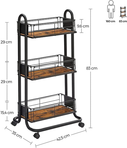 Nancy's Charters Keukentrolley - Keukenwagen - Op Wieltjes - 3 Niveaus - 360° Draaibaar - Bruin - Zwart - Bewerkt Hout - Metaal - 42,5 x 35 x 83 cm
