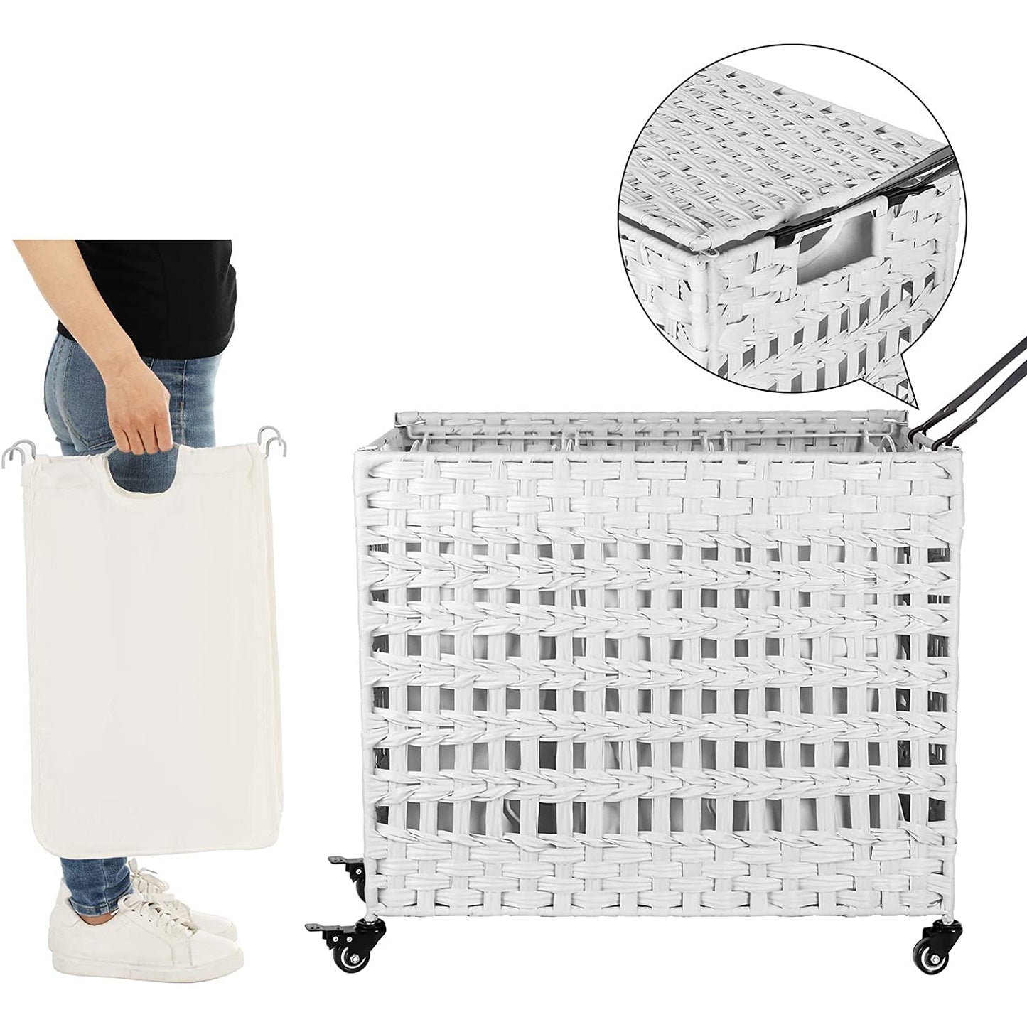 Nancy's Handgeweven 143L Wasmand - 3 compartimenten - Opbergmand - Verwijderbare voeringzakken - Naturel/Wit/Grijs - 66 x 35 x 60,5 cm