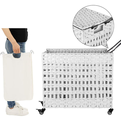 Nancy's Handgeweven 143L Wasmand - 3 compartimenten - Opbergmand - Verwijderbare voeringzakken - Naturel/Wit/Grijs - 66 x 35 x 60,5 cm