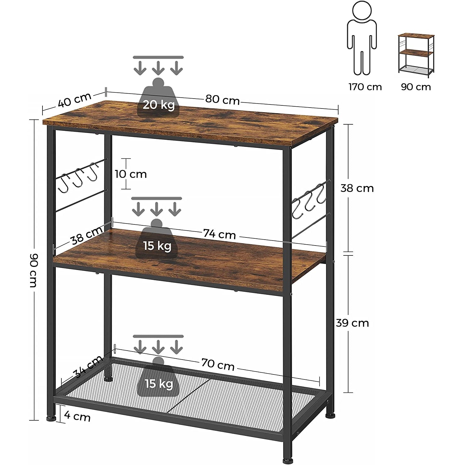 Nancy's Franklin Keukenrek - Organizer - Opbergkast - Vintage Bruin / Zwart - 80 x 40 x 90 cm