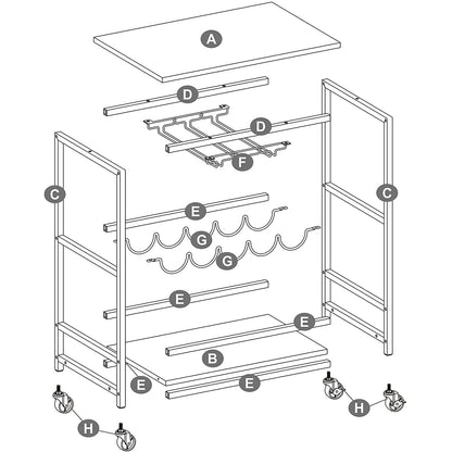 Nancy's Beecher Keukentrolley - Serveerwagen - Barwagen - Op Wieltjes - Flessenrek - Glazenhouders - Bruin - Zwart - Bewerkt Hout - Metaal - 60 x 40 x 75 cm