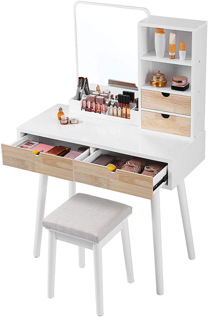 Nancy's Goobies Kaptafel - Cosmeticatafel - 4 Lades - 2 Open Vakken - Spiegel - Kruk - Modern - Wit - Beige - MDF - Rubberhout - 90 x 40 x 137,5 cm