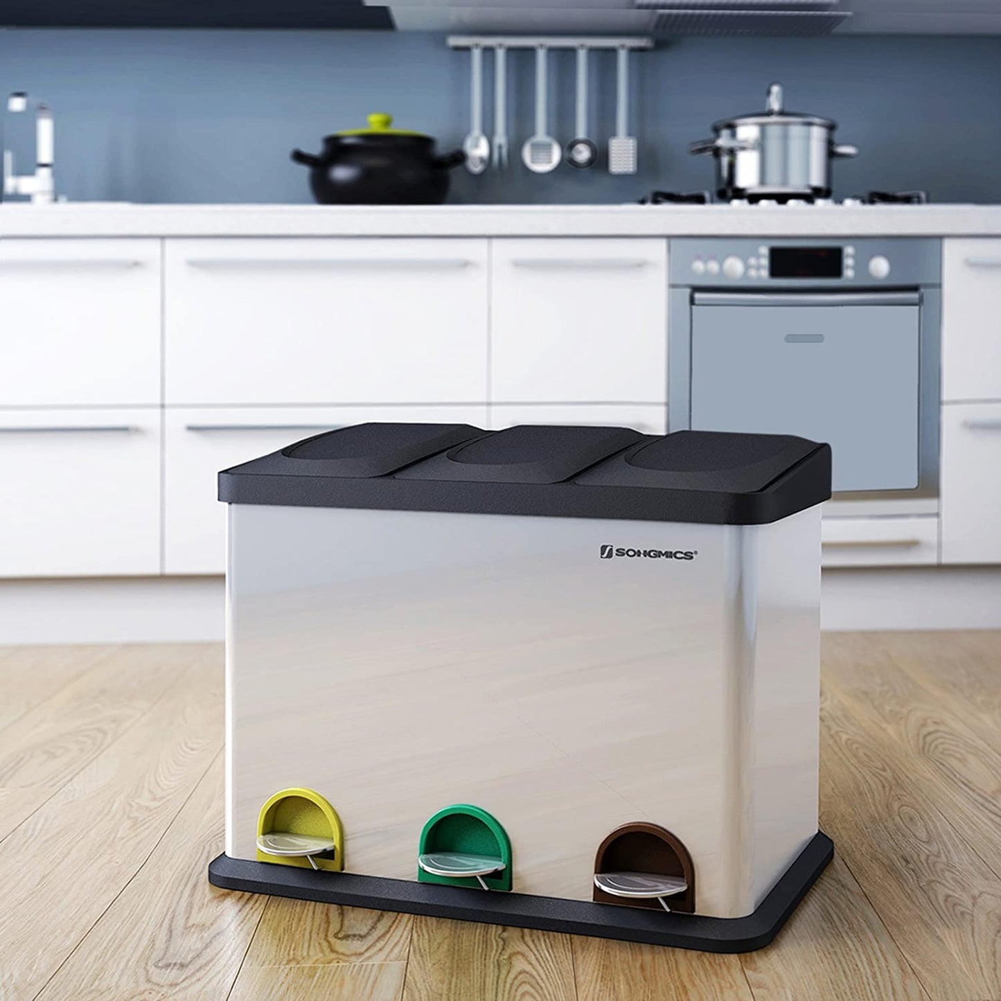 Poubelle Triple Poubelle Nancy's Inox - Poubelle à pédale - 3x 15L - Poubelles de tri sélectif