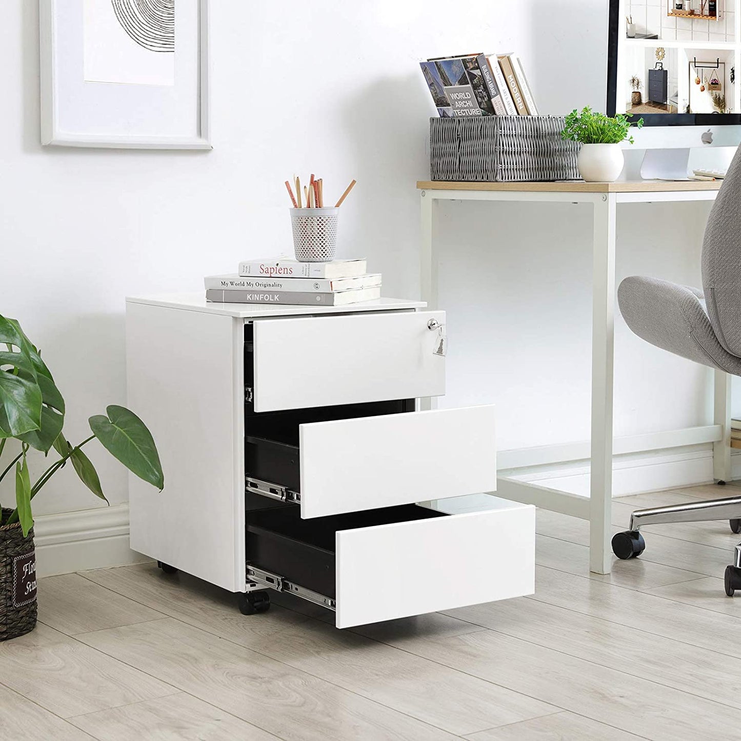 Nancy's Hazelton Drawer Unit - Filing Cabinet - On Wheels - Lock - 3 Drawers - White - Metal - 39 x 45 x 55 cm 