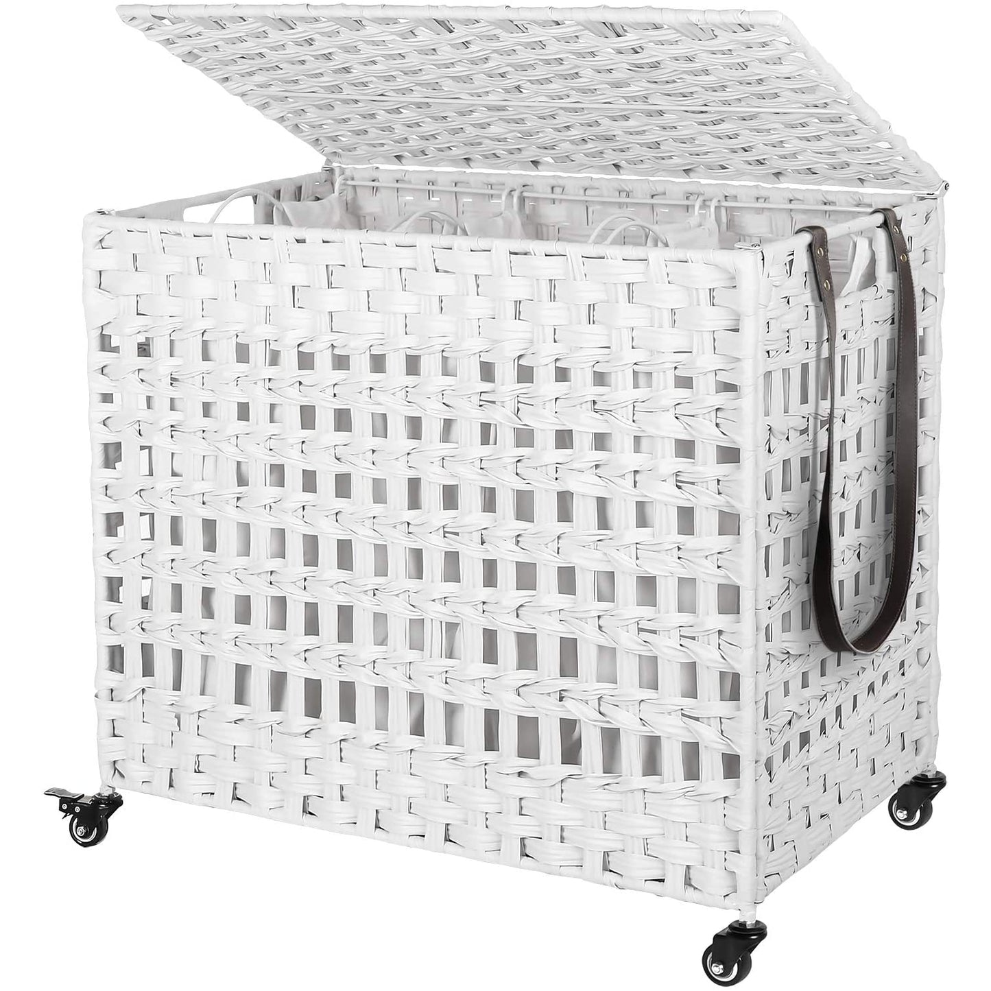 Nancy's Handgeweven 143L Wasmand - 3 compartimenten - Opbergmand - Verwijderbare voeringzakken - Naturel/Wit/Grijs - 66 x 35 x 60,5 cm