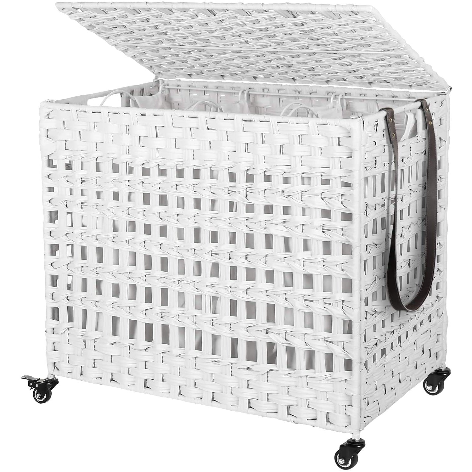 Nancy's Handgeweven 143L Wasmand - 3 compartimenten - Opbergmand - Verwijderbare voeringzakken - Naturel/Wit/Grijs - 66 x 35 x 60,5 cm