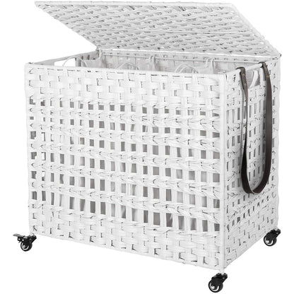 Nancy's Handgeweven 143L Wasmand - 3 compartimenten - Opbergmand - Verwijderbare voeringzakken - Naturel/Wit/Grijs - 66 x 35 x 60,5 cm