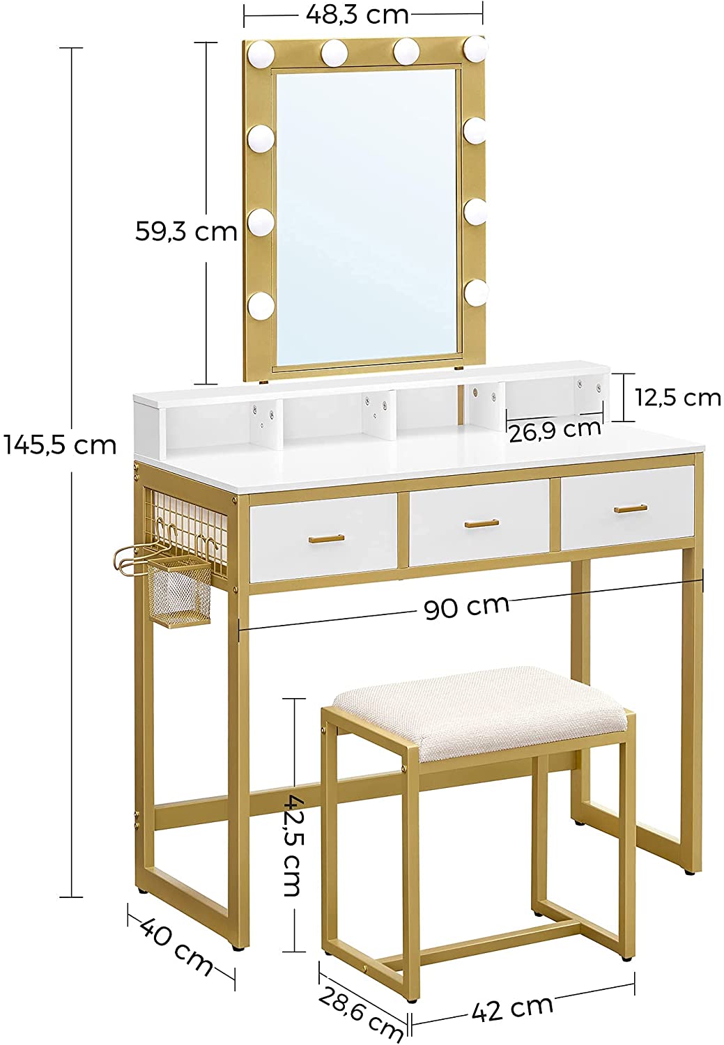 Coiffeuse Nancy's Caribou - Table de maquillage - Tabouret - 10 lampes LED - Miroir - 3 tiroirs - Blanc - Or - 90 x 40 x 145,5 cm