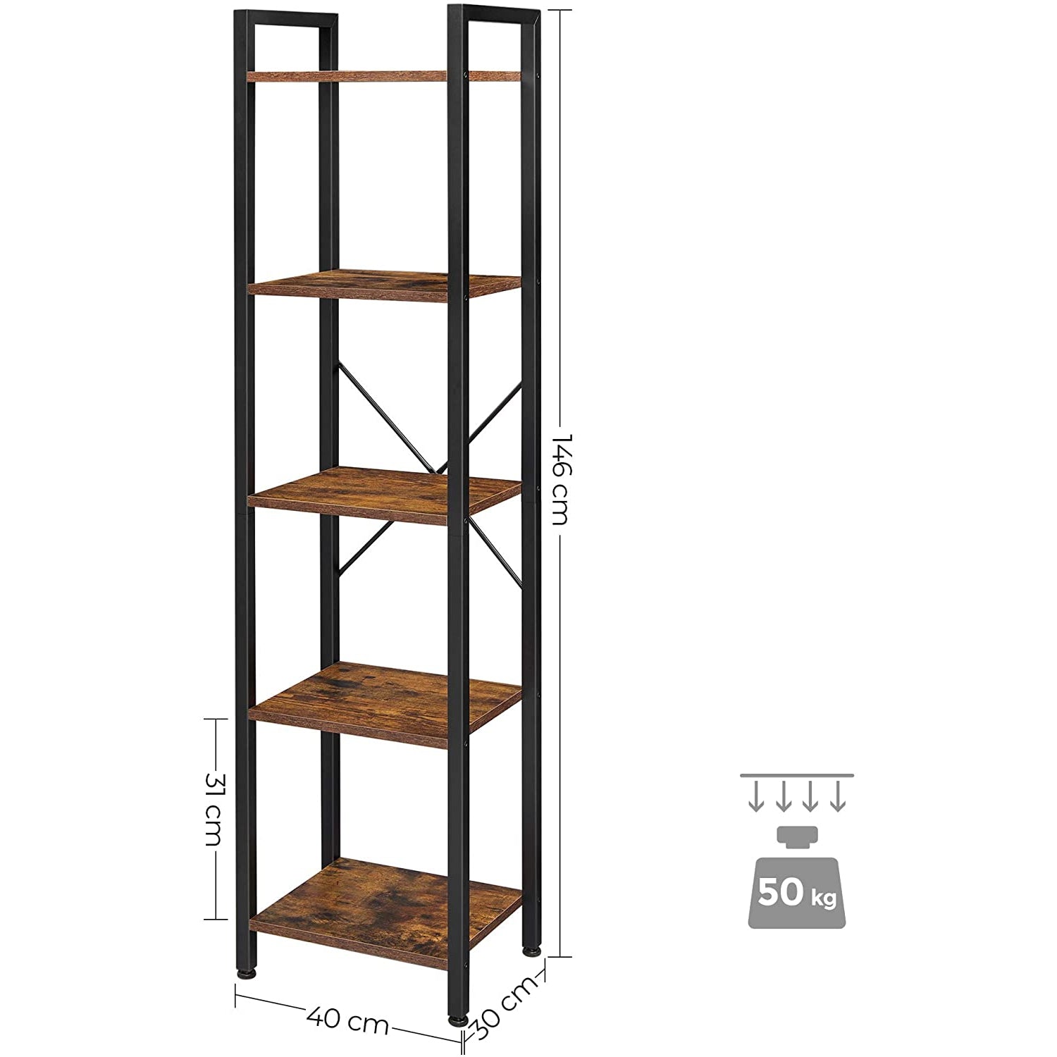 Nancy's Burke Opbergrek - Boekenkast - Open Kast - 5 Niveaus - Vintage - Industrieel - Bruin -Bewerkt Hout - Metaal - ± 40 x 30 x 145 cm