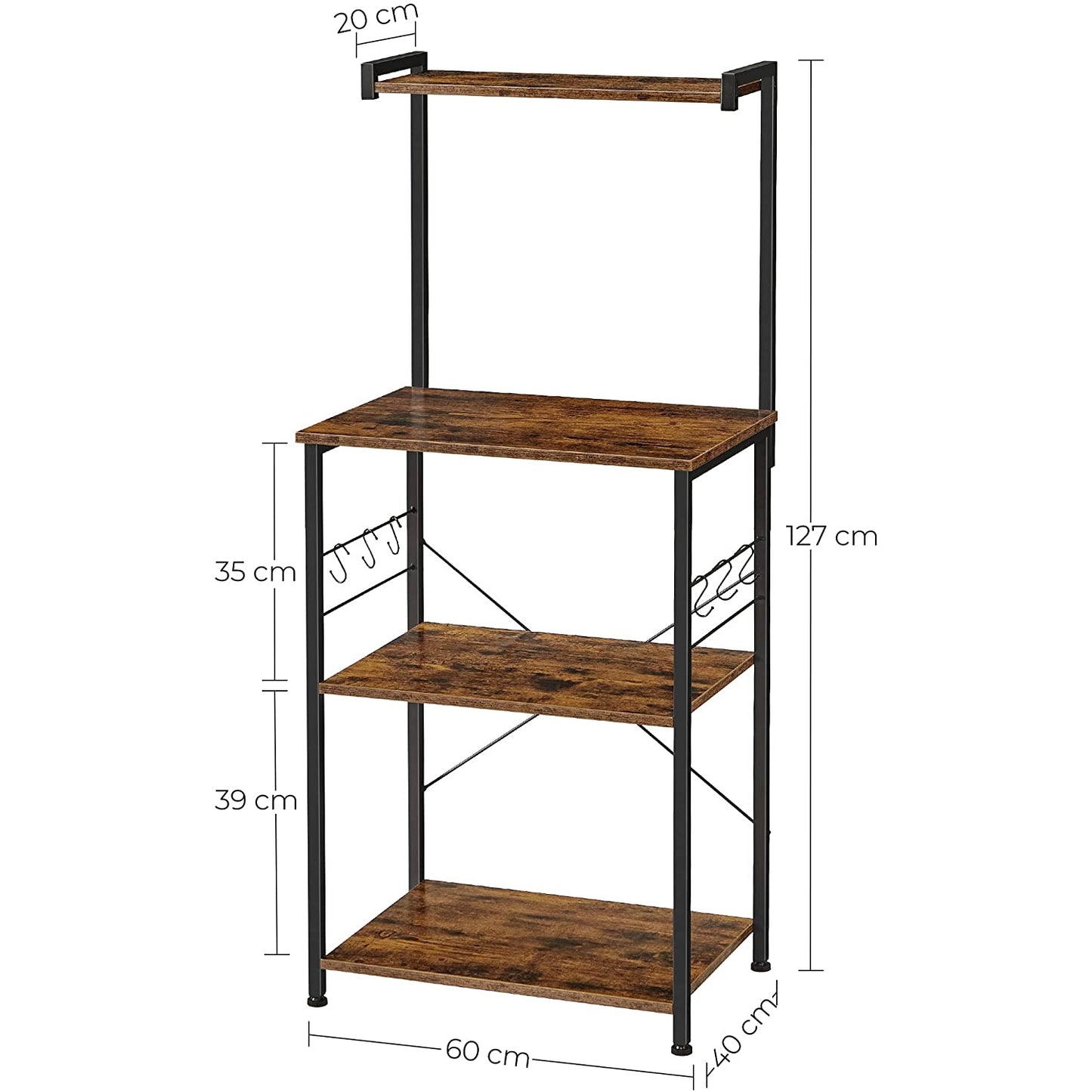 Nancy's Franktown Keukenrek - Werkruimte - Opbergrek - Industrieel - 3 Schappen - 6 Haken - Bruin - Zwart - 60 x 40 x 127 cm