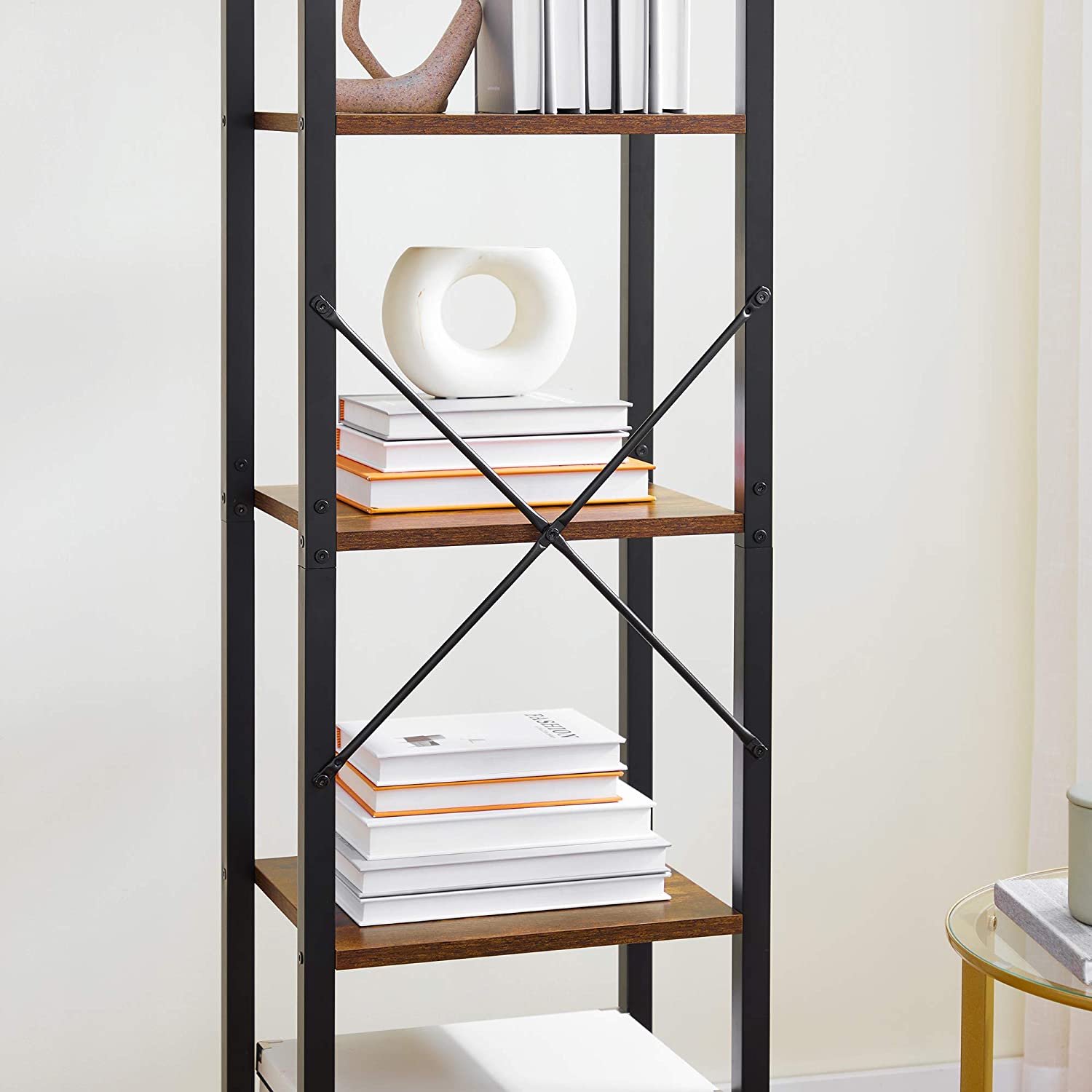 Nancy's Burke Opbergrek - Boekenkast - Open Kast - 5 Niveaus - Vintage - Industrieel - Bruin -Bewerkt Hout - Metaal - ± 40 x 30 x 145 cm