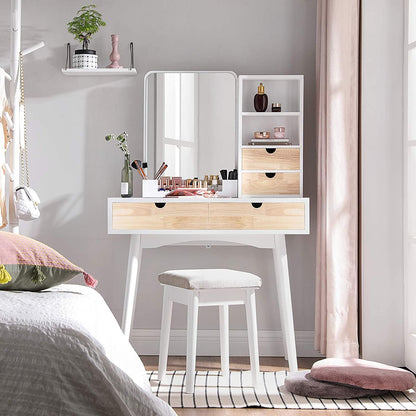 Nancy's Goobies Kaptafel - Cosmeticatafel - 4 Lades - 2 Open Vakken - Spiegel - Kruk - Modern - Wit - Beige - MDF - Rubberhout - 90 x 40 x 137,5 cm