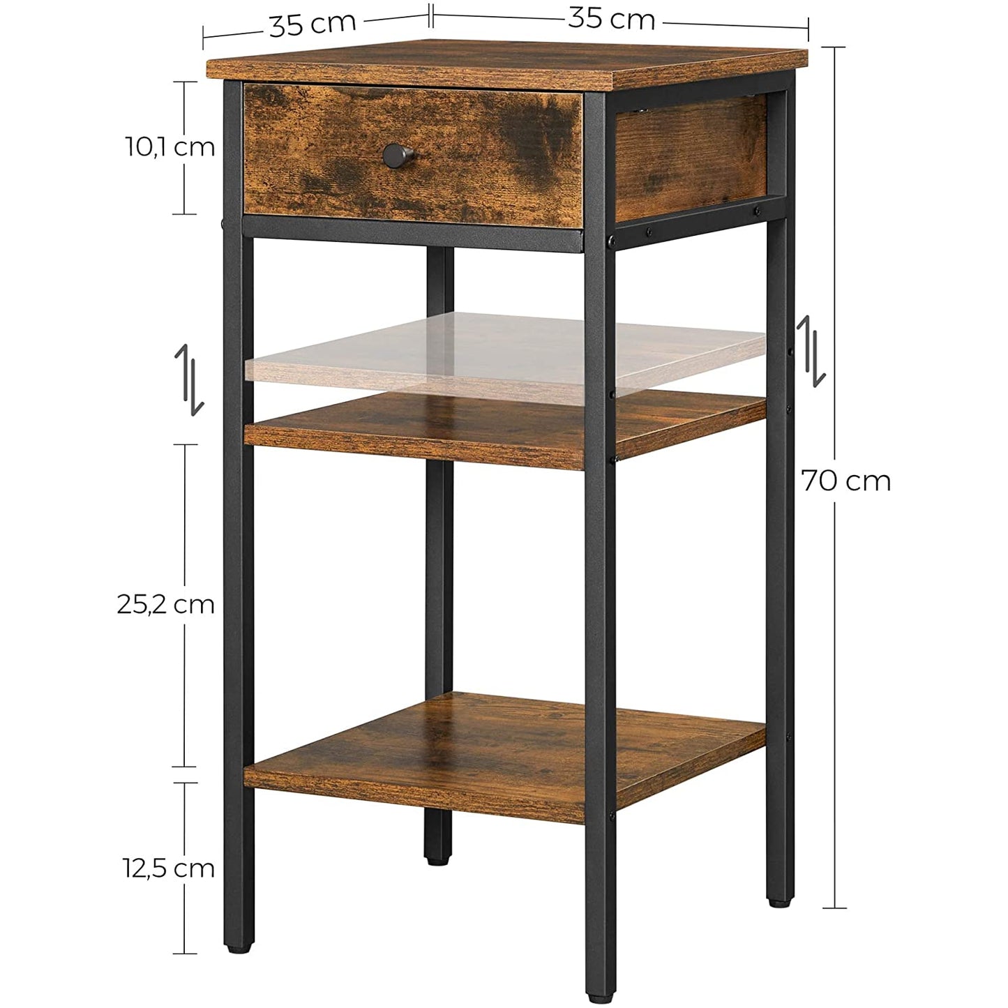 Nancy's Meridian Bedside Table - Side Table - Drawer - 2 Shelves - 35 x 35 x 70 cm - Engineered Wood - Metal - Industrial - Brown - Black