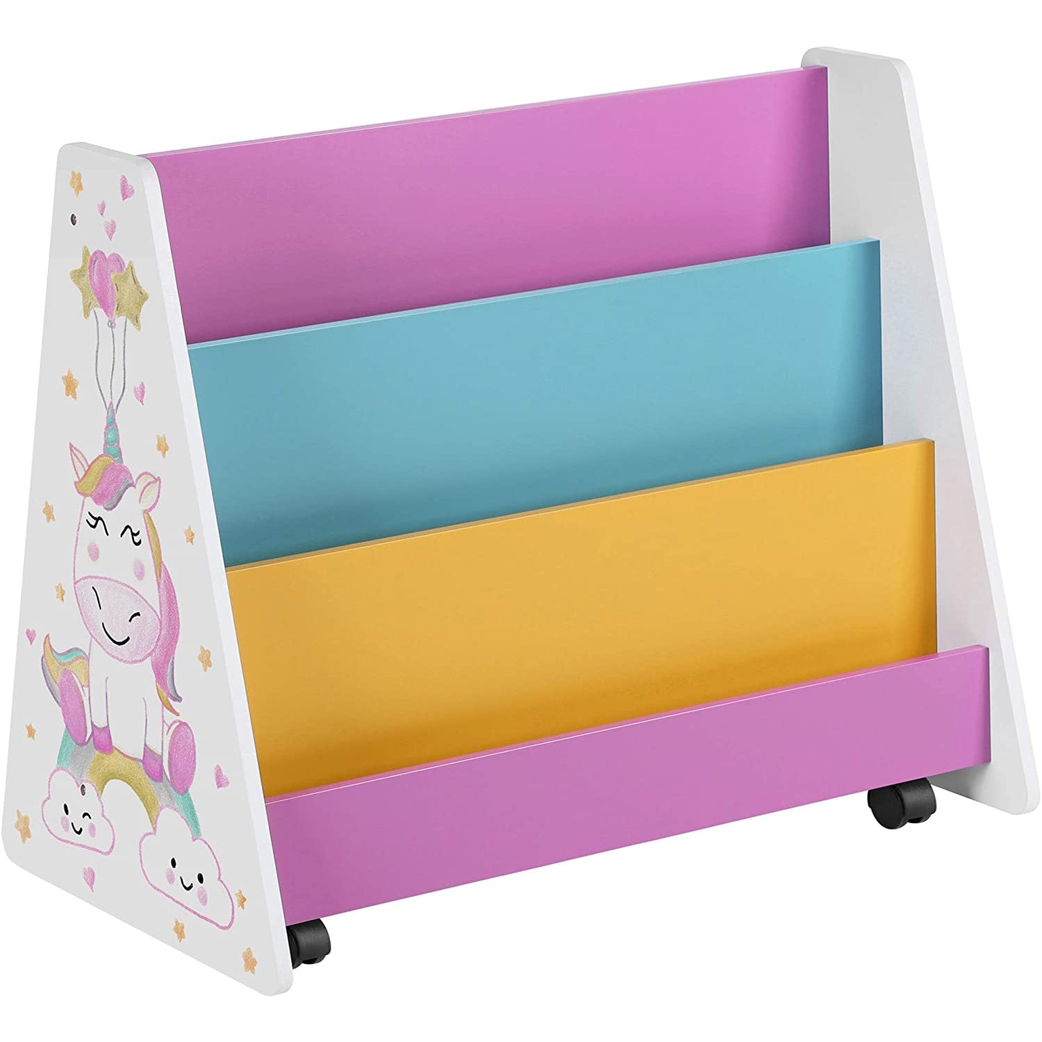 Nancy's Kinderboekenrek - Boekenorganizer - Op Wieltjes - Boekenkast Voor Kinderen - Kinderkamer - Wit Blauw Roze Geel Zwart - Krijtbord