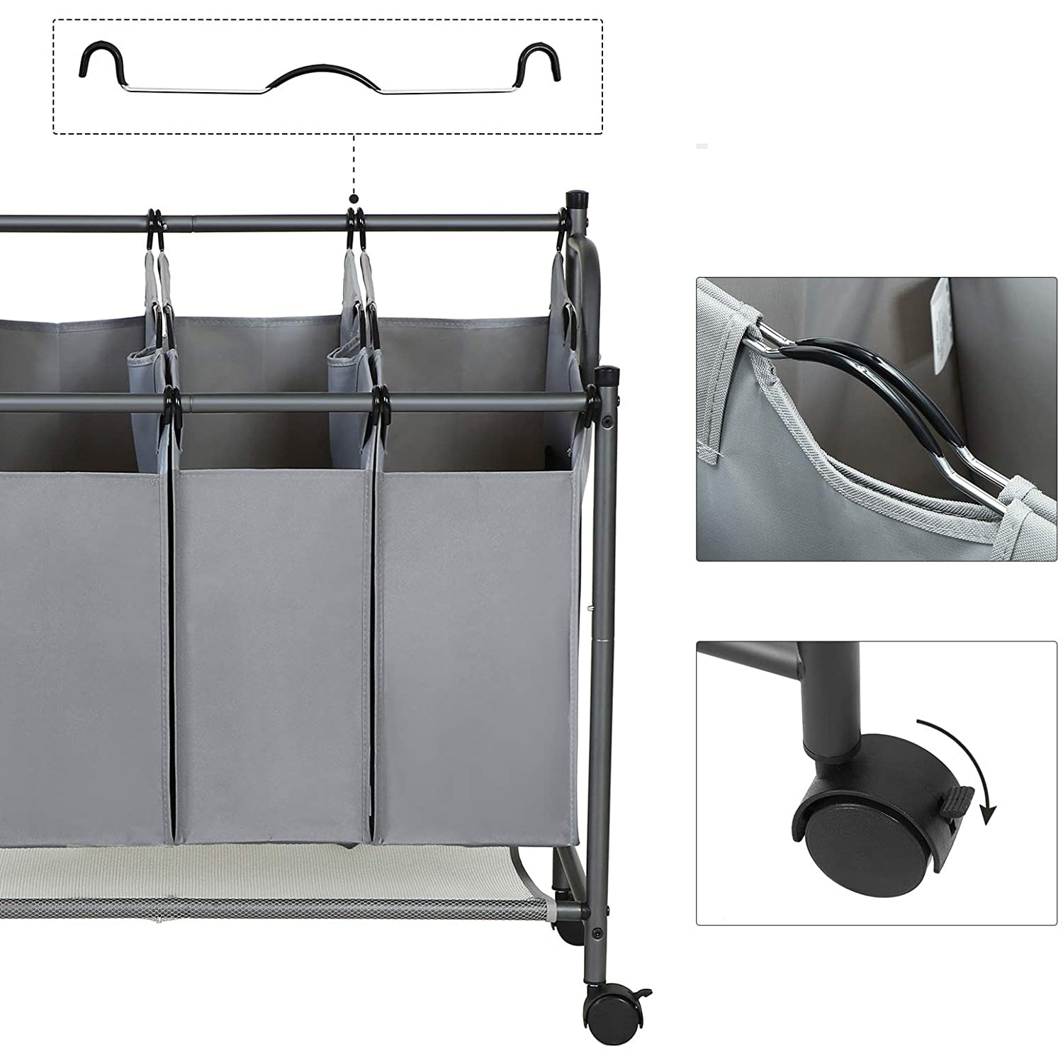 Nancy's Laundry Sorter 4 Compartments - 140 L Gray Foldable Laundry Basket - Laundry Cart Gray