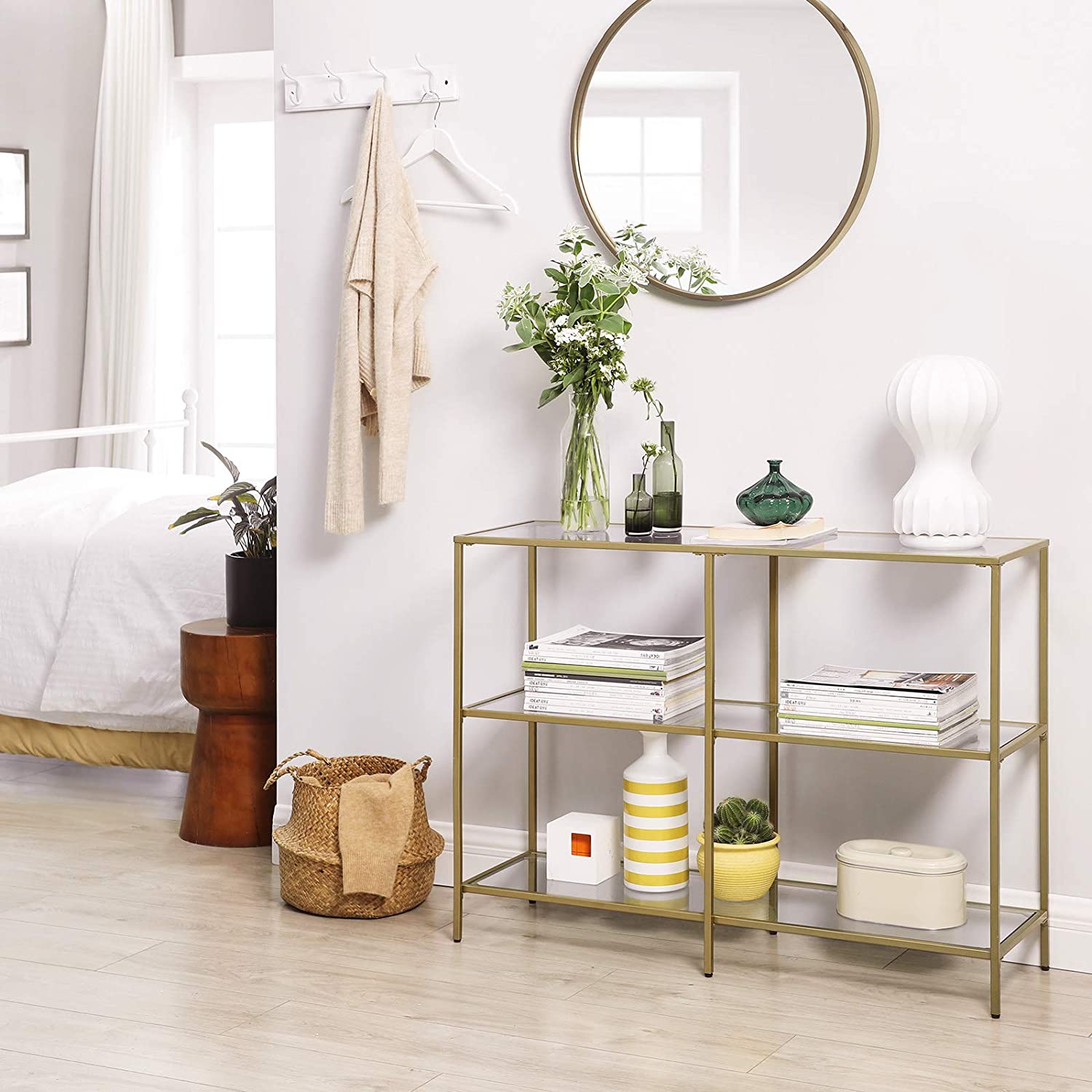 Nancy's Canisbay Sidetable - Bijzettafel - 3 Planken - Opbergrek - Glas - Metaal - Goud - 30 x 100 x 73 cm