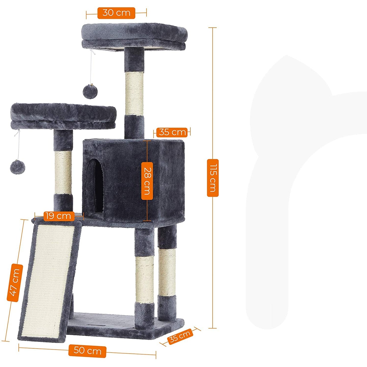 Nancy's Burton Scratching Post - Cat Tree - Cat Cave - 4 Levels - Smoke Gray - Beige - Plush - Sisal - 50 x 35 x 115 cm