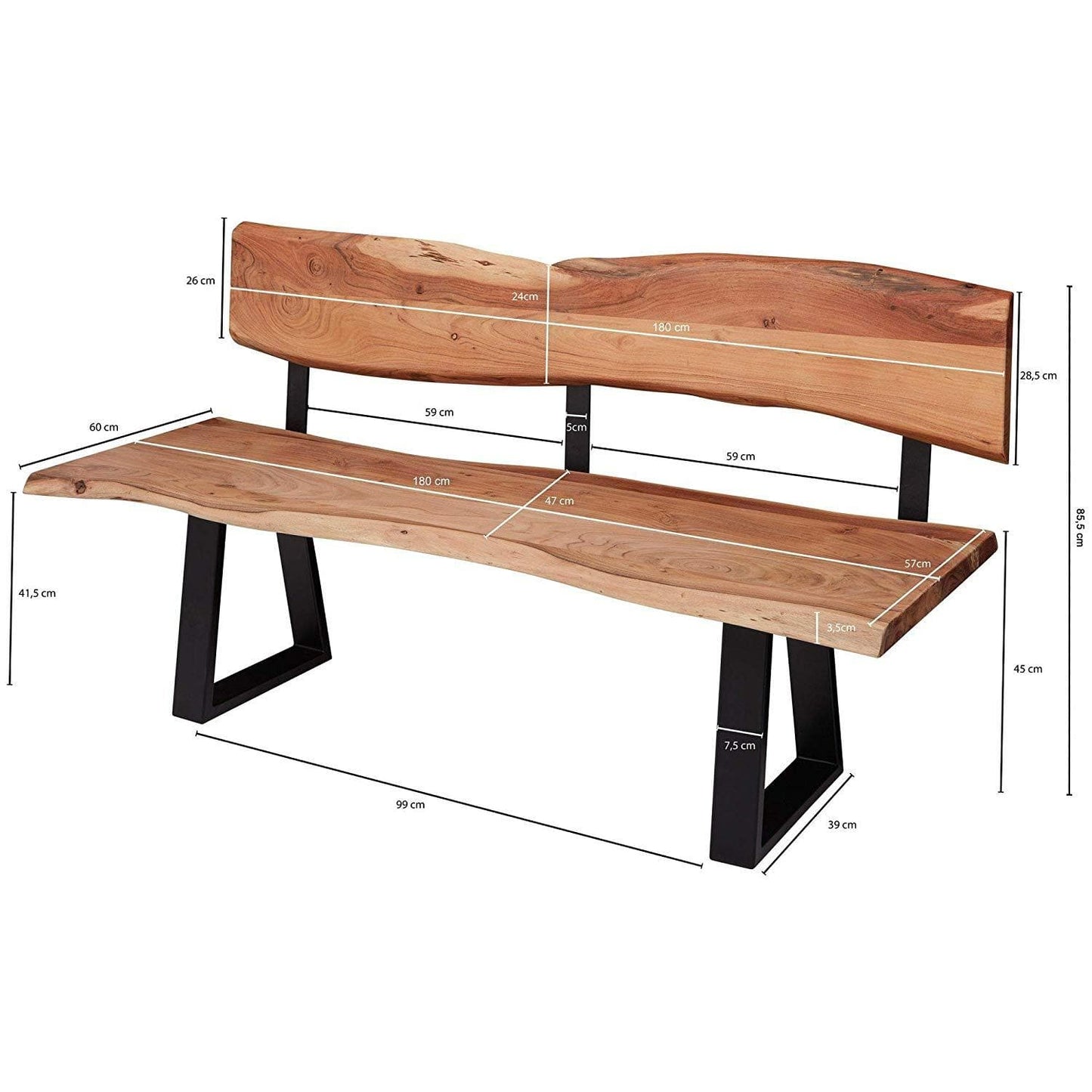 Nancy's Olney Sofas - Banc de cuisine en bois massif - Canapé - Banc de salle à manger - Marron - 180 x 85,5 x 60 cm