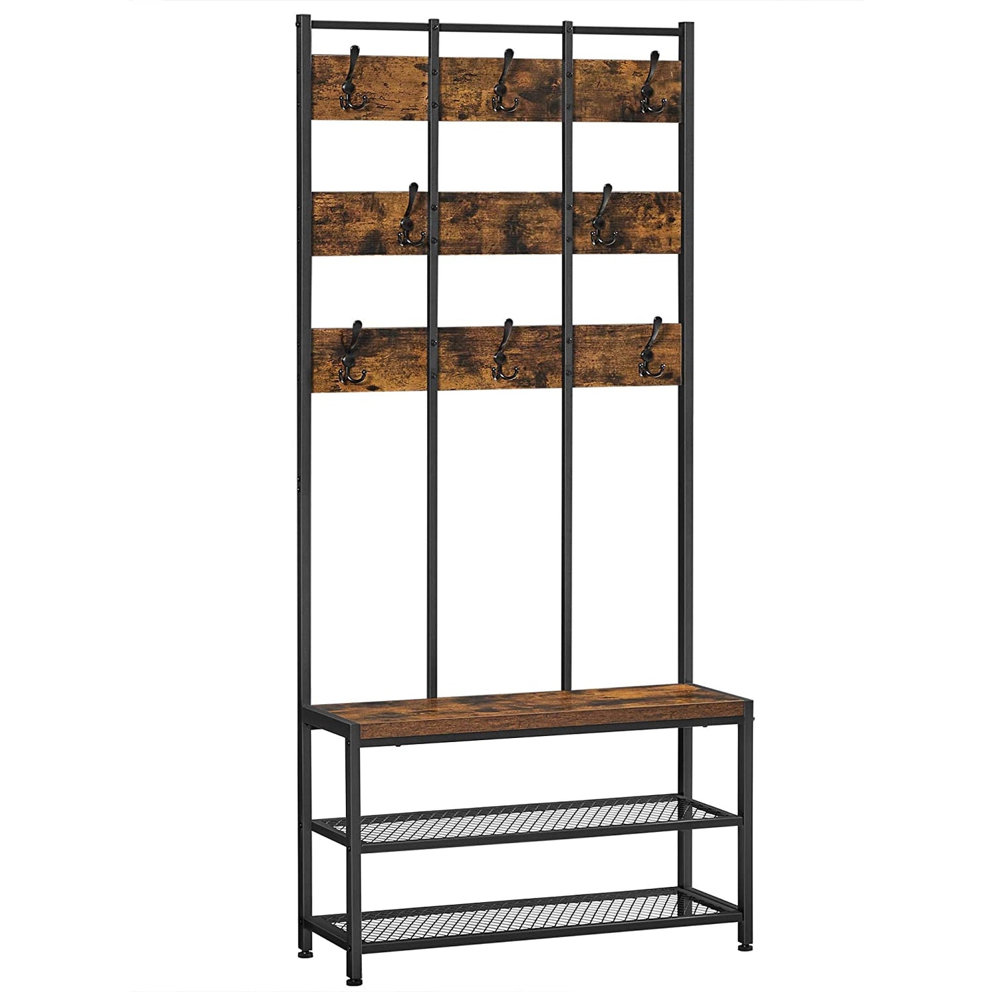 Nancy's Sinton Coat Rack - Wardrobe Rack - 8 Hooks - Bench - 2 Grid Shelves - Metal - Engineered Wood - Industrial - Black - Brown