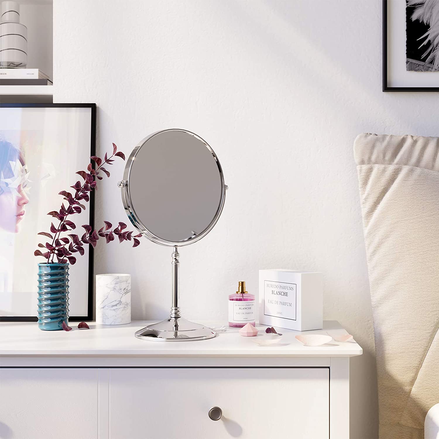 Nancy's Make-Up Spiegel - 10 x Vergrotingsspiegel - 360° Draaibaar - Cosmeticaspiegel - Ronde Spiegel - Diameter 20 cm - Dubbelzijdig - RVS