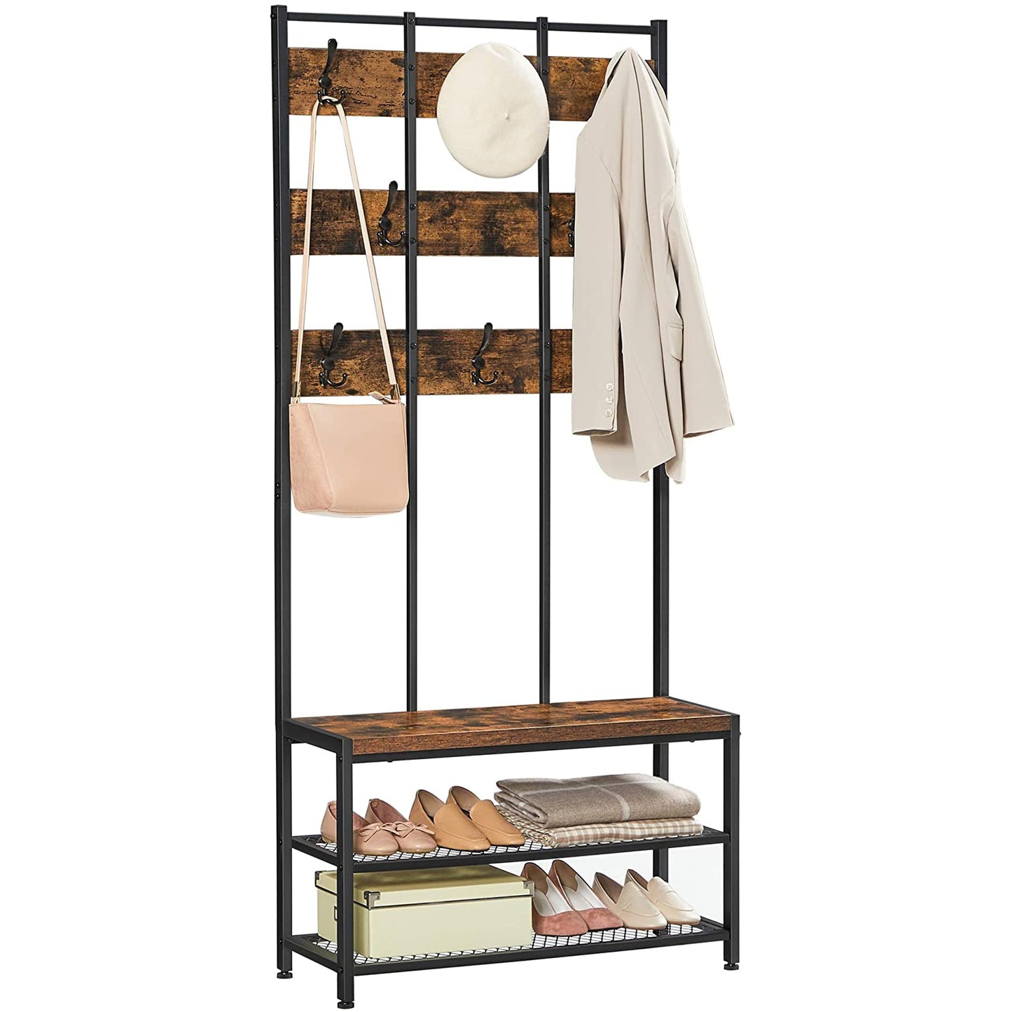 Nancy's Sinton Coat Rack - Wardrobe Rack - 8 Hooks - Bench - 2 Grid Shelves - Metal - Engineered Wood - Industrial - Black - Brown