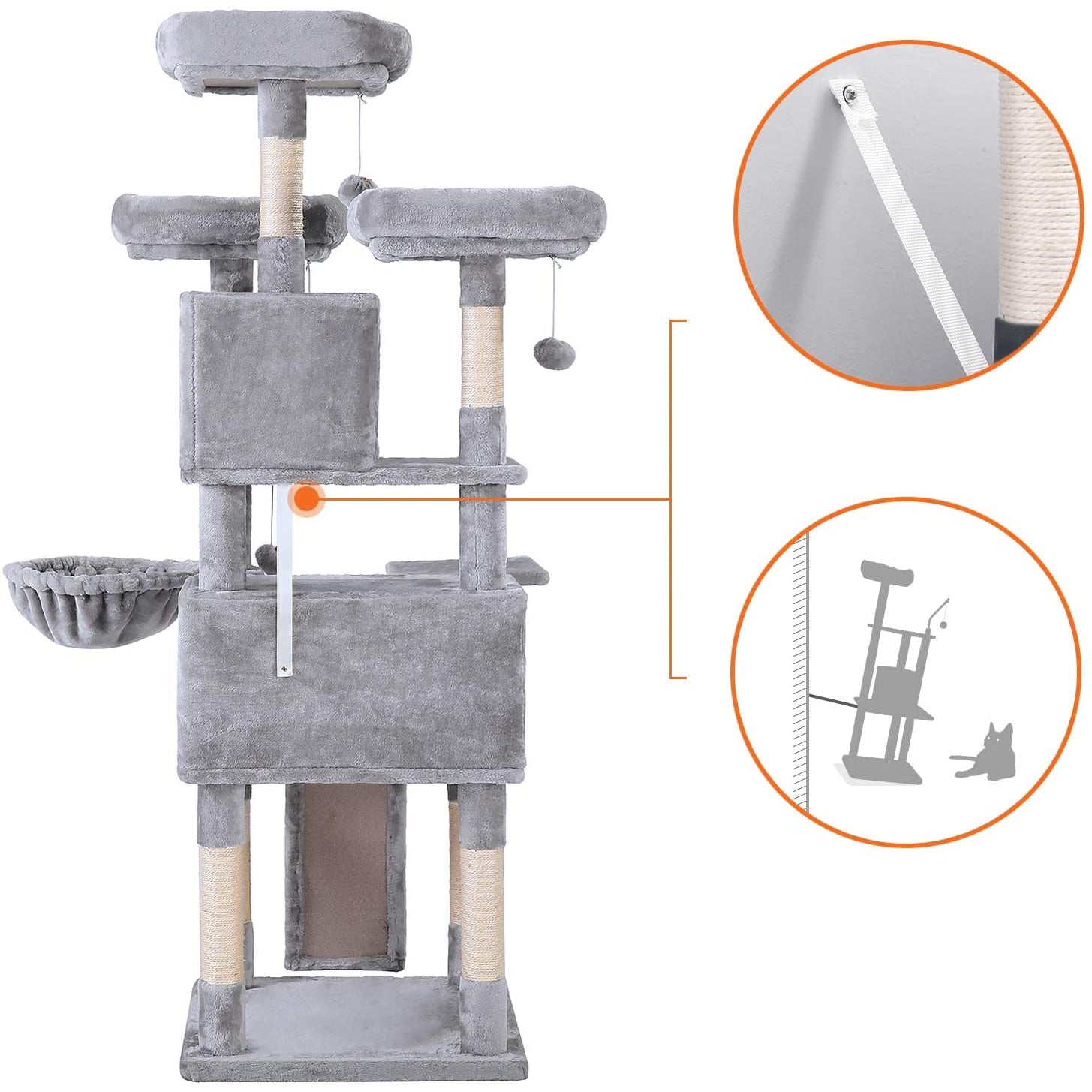 Nancy's XL Krabpaal voor katten - Kattenboom - 3 platforms - Grijs - 55 x 55 x 172 cm