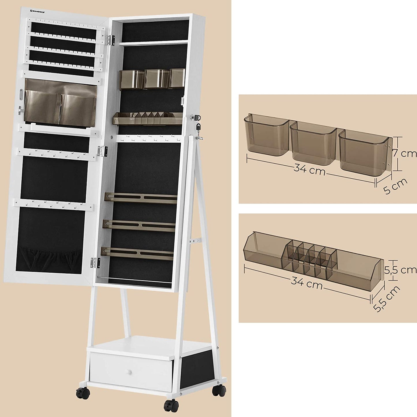 Nancy's Burntcoat Sieradenspiegel - Spiegelkast - Sieradenorganizer - Lade - Op Wieltjes - Wit - MDF - 37 x 10 x 108,5 cm