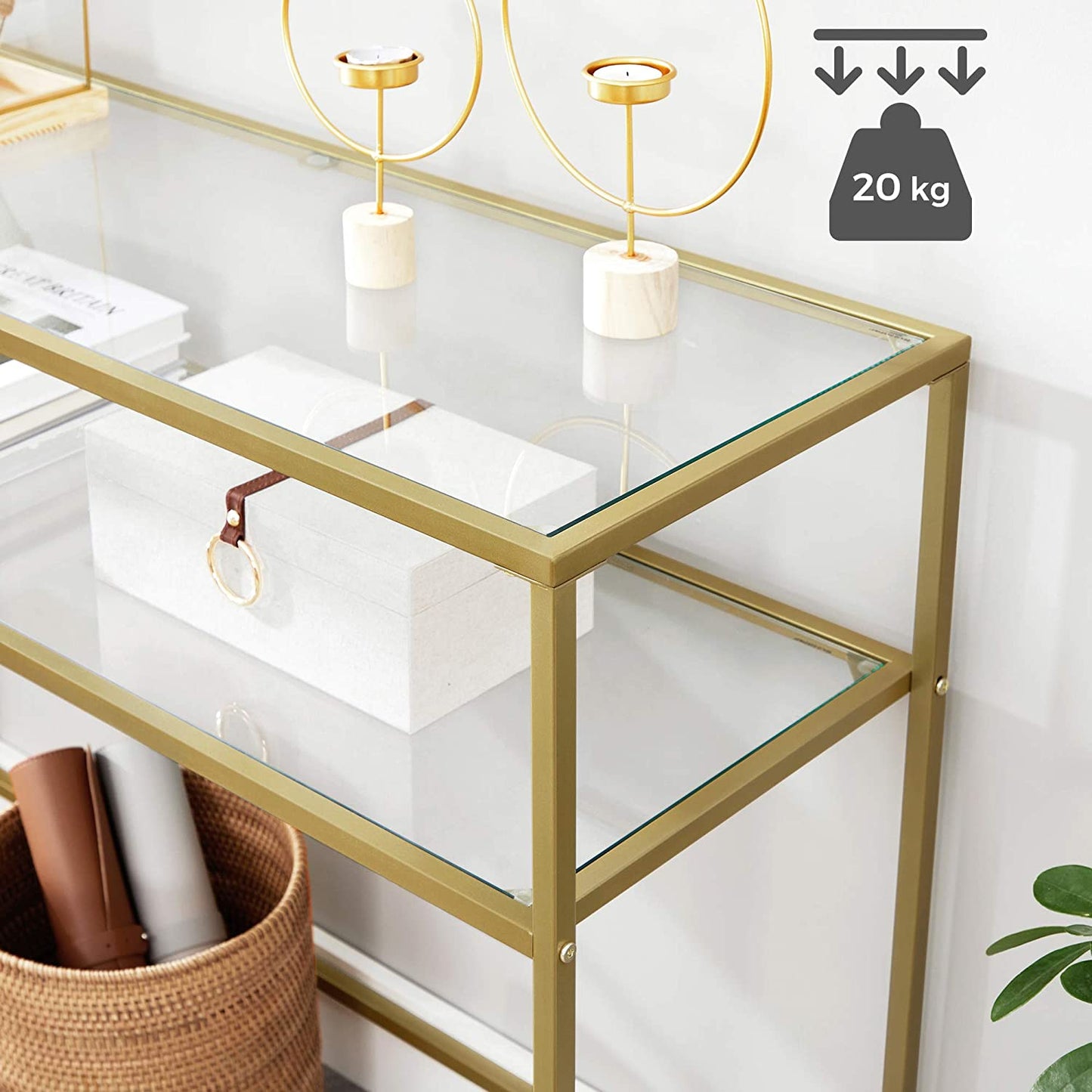 Nancy's Goldfield Console Tafel - Bijzettafel - 2 Niveaus - Gehard Glas - Metalen Frame - Verstelbare Poten - Goud - 100 x 35 x 80 cm