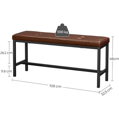 Nancy's Powell Eetkamerbank - Gestoffeerde Bank - Keukenbank - PU-Afdekking - Stalen Frame - Bruin - Zwart - 108 x 32,5 x 48 cm