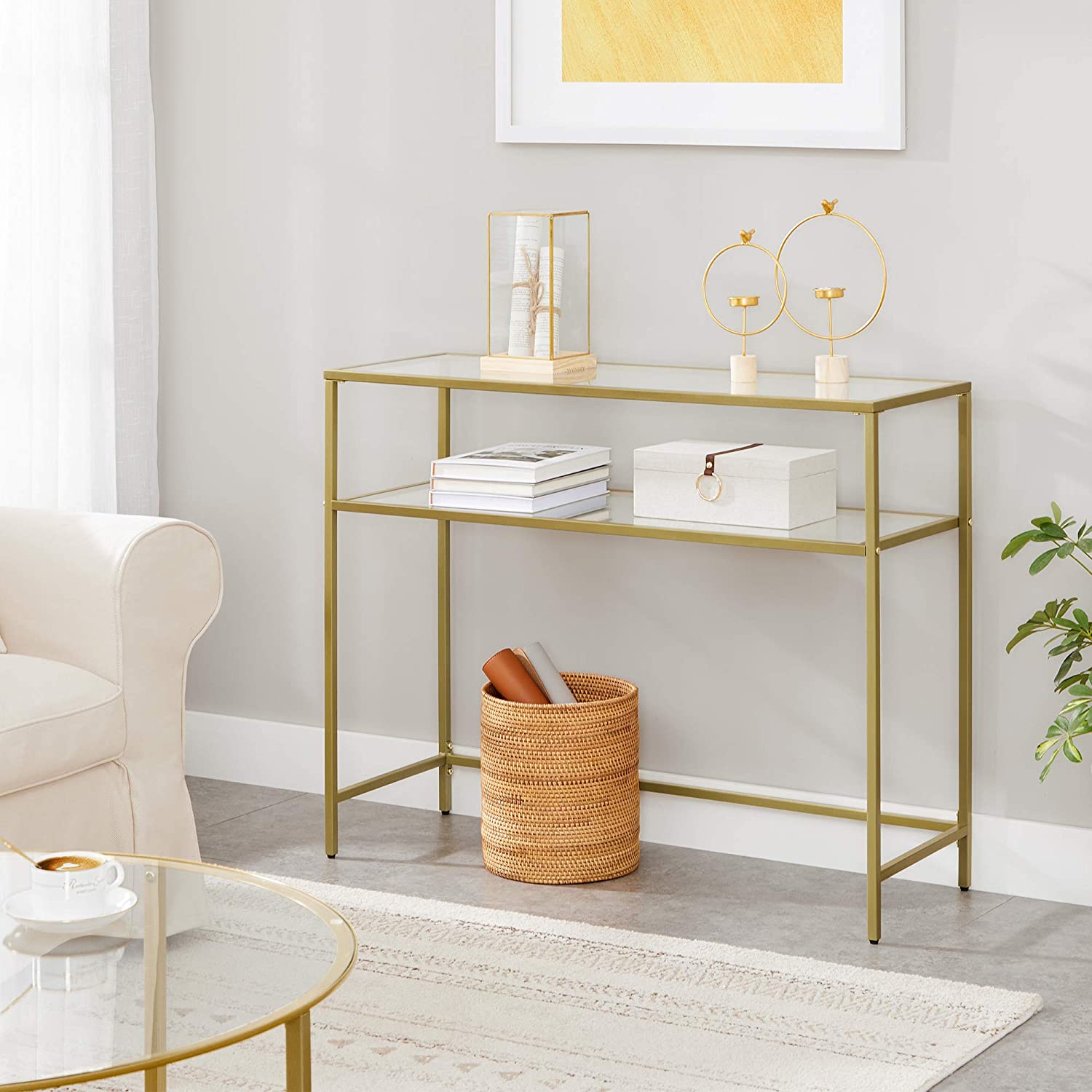 Nancy's Goldfield Console Table - Side Table - 2 Levels - Tempered Glass - Metal Frame - Adjustable Legs - Gold - 35 x 100 x 80 cm