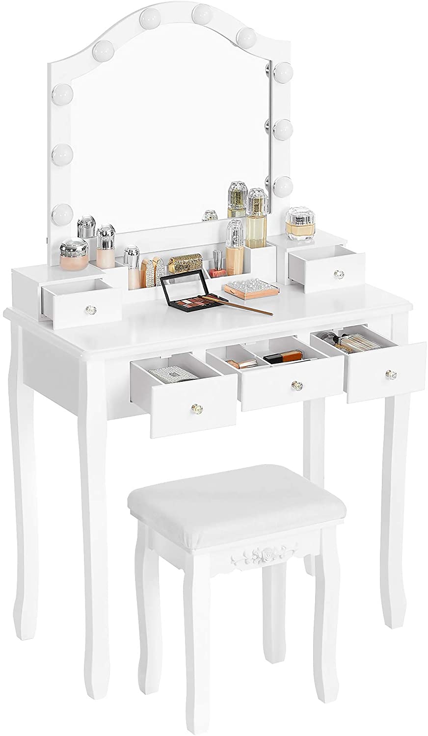 Nancy's Gonthier Kaptafelset - Make-Up Tafel - Krukje - Spiegel - Verlichting - Opbergbox - 6 Vakken - 5 Lades - Wit - Bewerkt Hout - 80 x 40 x 139 cm