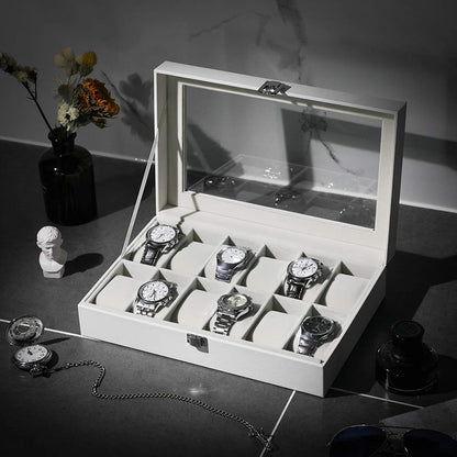 Nancy's Gonzales Horlogebox - Horlogedoos - Organizer - 12 Horloges - Wit - MDF - Fluweel - Kunstleer